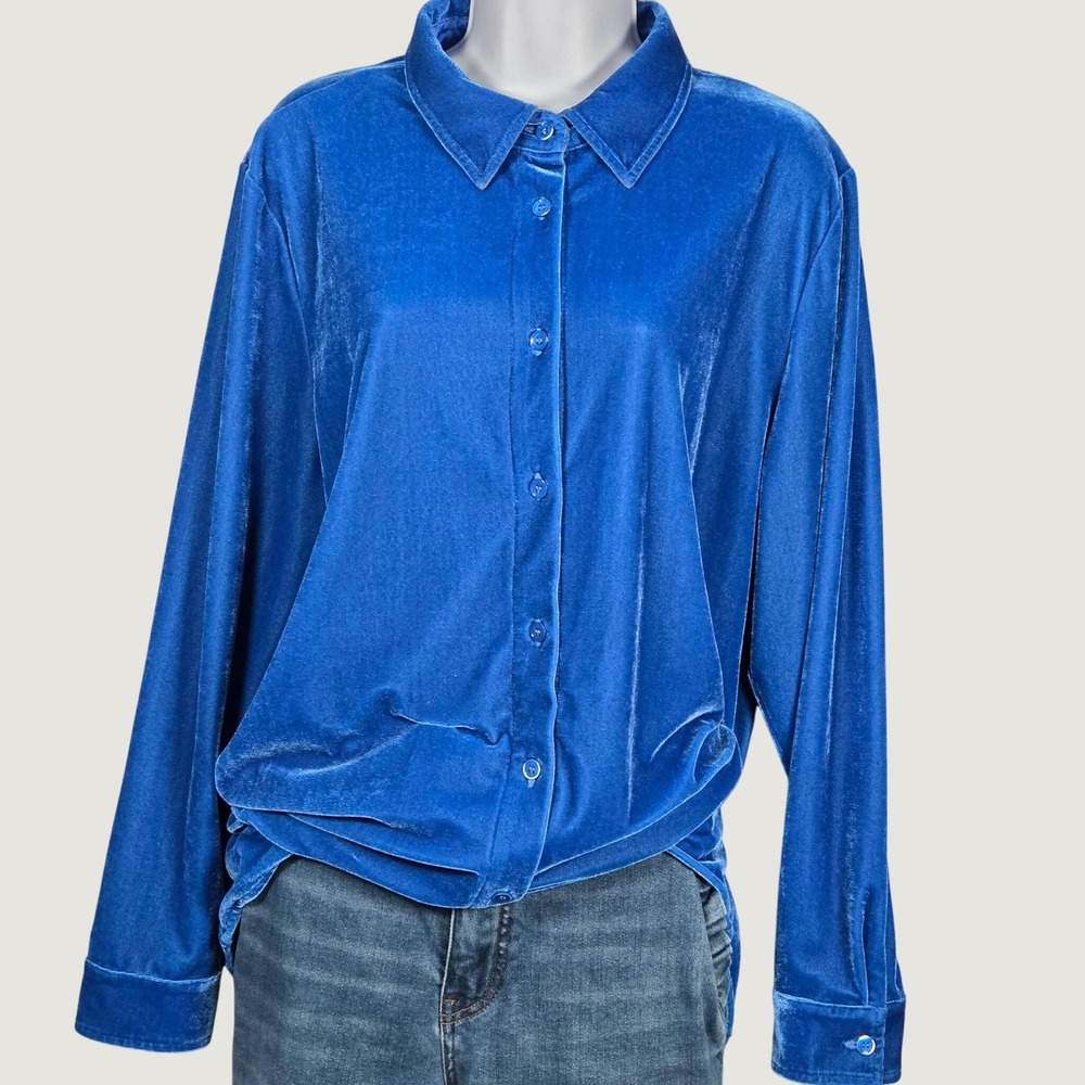 Soft Surroundings Women XL Velvet Boyfriend Tunic Button Down Shirt Cobalt Blue